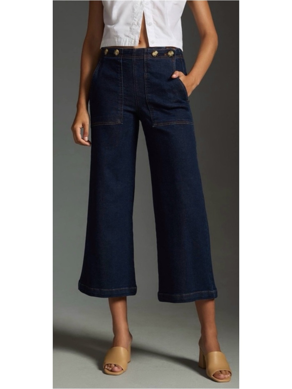 Pilcro Sailor Wide Leg Crop Jeans Women 31 Tall Dark Wash Adjustable Waist